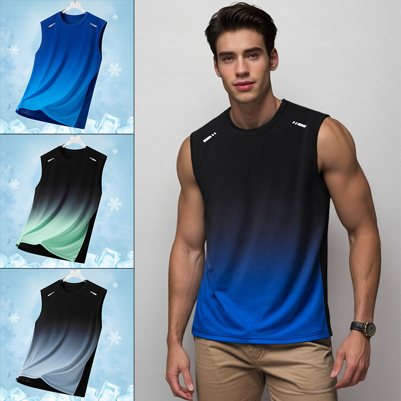 Running Gears - Herren-Sportweste mit Farbverlauf, leicht, ärmellos, Rundhals-T-Shirt,